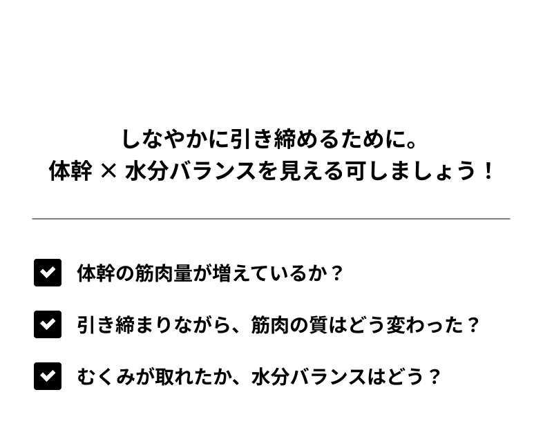HOW TO CHECK しなやかに引き締めるために。体幹 × 水分バランスを見える可しましょう！