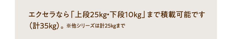 エクセラなら「上段25kg・下段10kg」まで積載可能です（計35kg）。※他シリーズは計25kgまで
