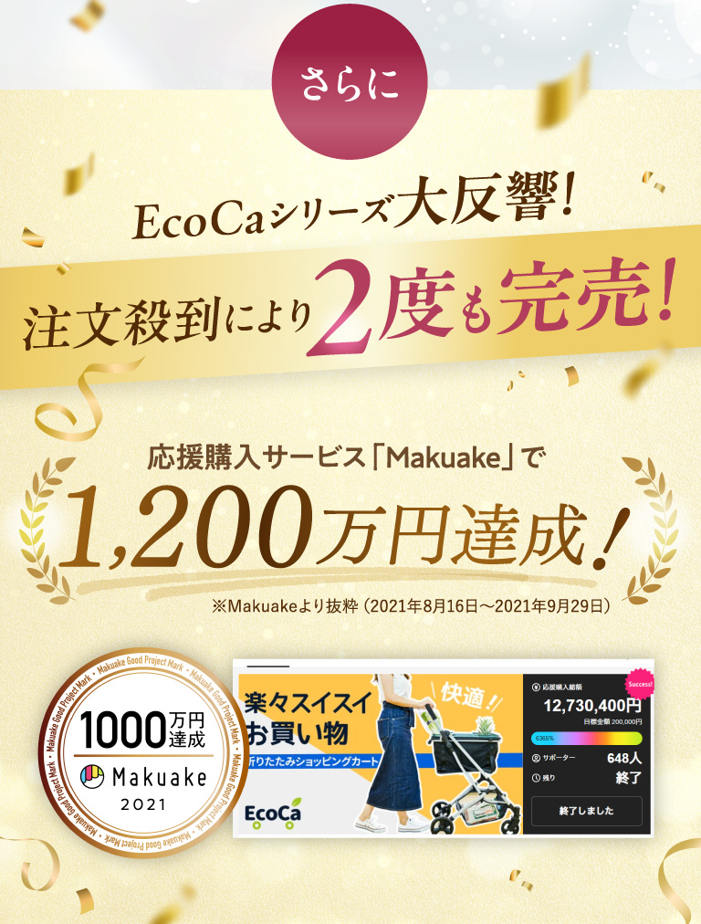 さらに Ecocaシリーズ大反響！注文殺到により２度も完売！応援購入サービス「Makuake」で1,200万円達成!