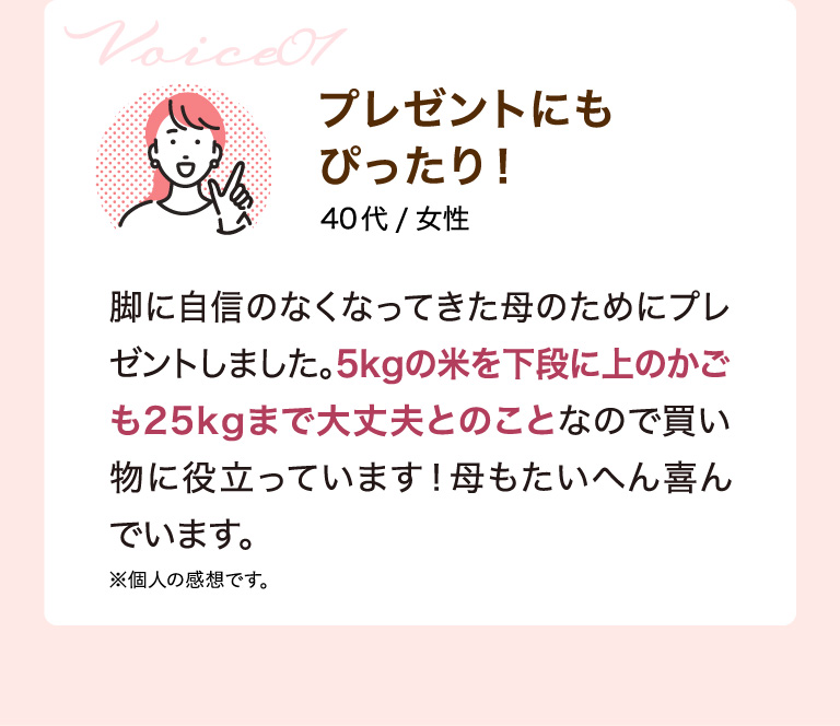Voice01 プレゼントにもぴったり！ 40代/女性 脚に自信のなくなってきた母のためにプレゼントしました。5kgの米を下段に上のかごも25kgまで大丈夫とのことなので買い物に役立っています！母もたいへん喜んでいます。