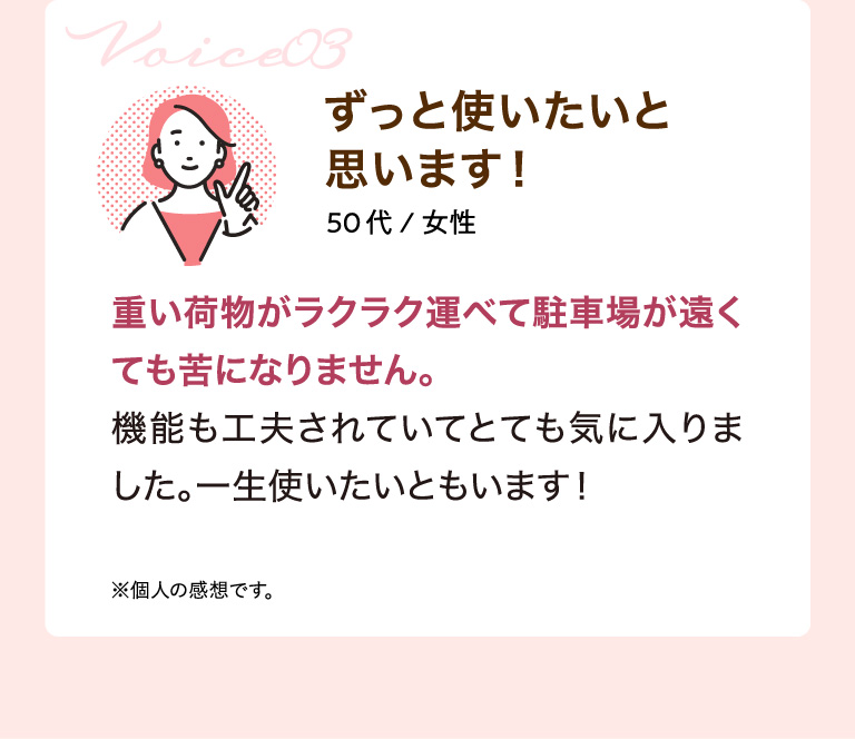 Voice03 ずっと使いたいと思います！ 50代/女性 重い荷物がラクラク運べて駐車場が遠くても苦になりません。機能も工夫されていてとても気に入りました。一生使いたいともいます！