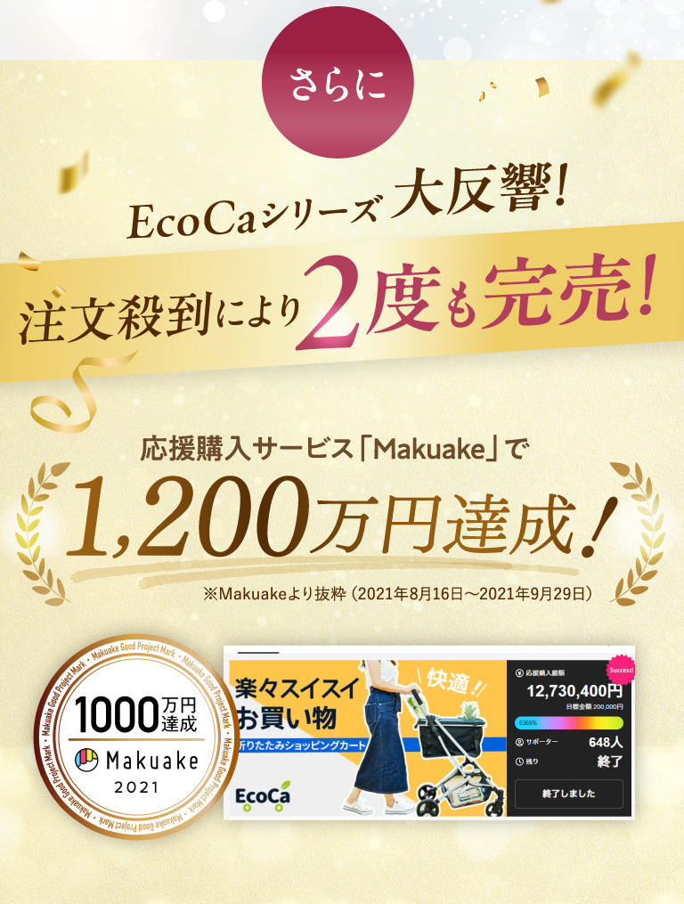 さらに　Ecocaシリーズ大反響！注文殺到により２度も完売！応援購入Service「Makuake」で1200万円達成！