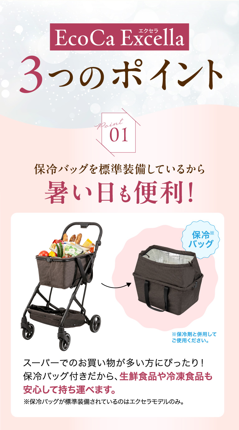 Ecoca Excella3つのポイント point01 保冷バックを標準装備しているから暑い日も便利！