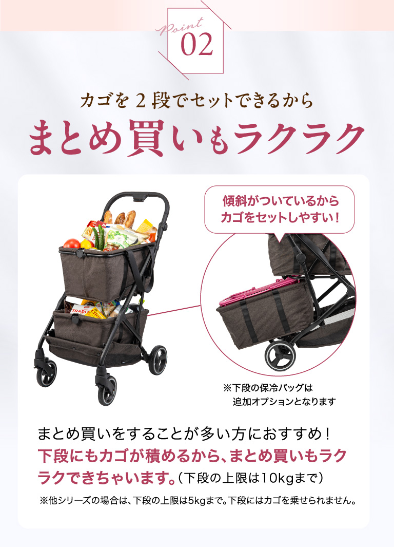 point02 カゴを2段でセットできるからまとめ買いもラクラク