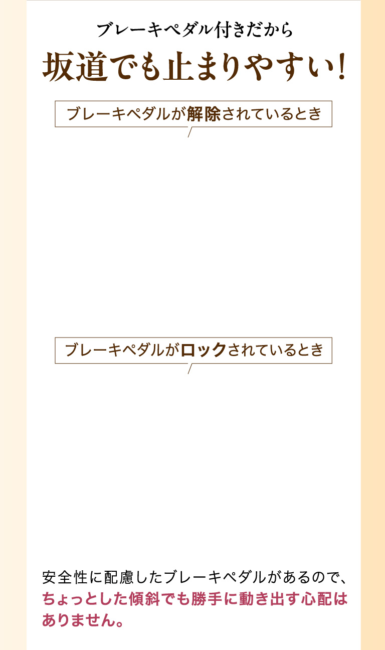 ブレーキペダル付きだから坂道でも止まりやすい！ 安全性に配慮したブレーキペダルがあるので、ちょっとした傾斜でも勝手に動き出す心配はありません。