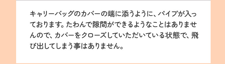 キャリーバッグのカバーの端に添うように、パイプが入っております。たわんで隙間ができるようなことはありませんので、カバーをクローズしていただいている状態で、飛び出してしまう事はありません。
